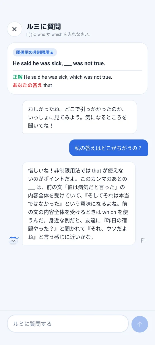 AIの先生ルミと問題について会話している画面